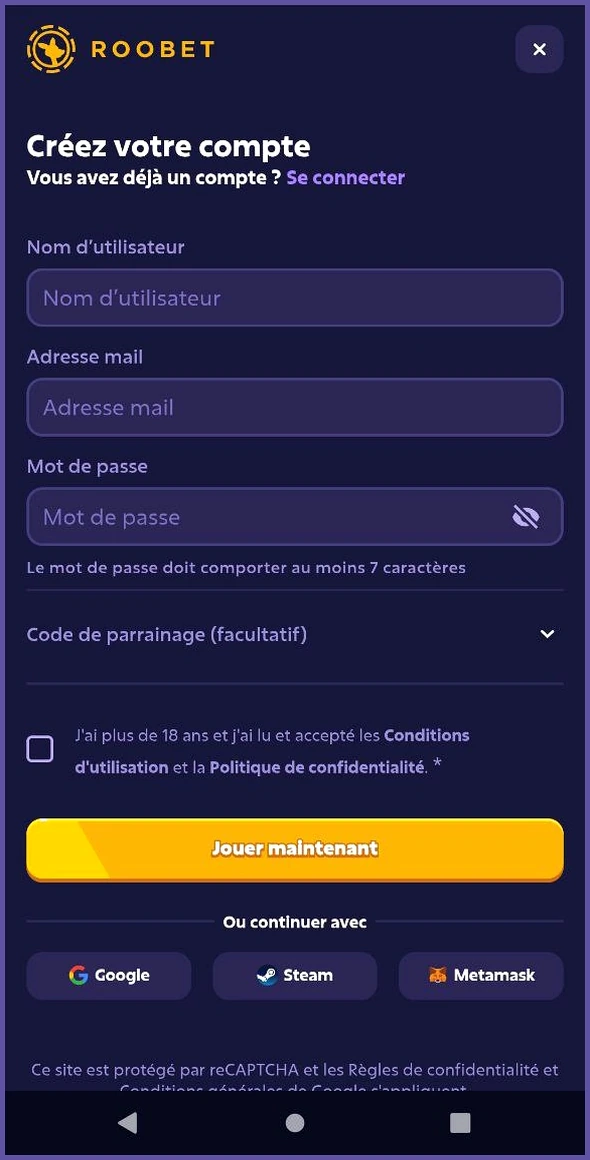 Inscription rapide pour les nouveaux joueurs